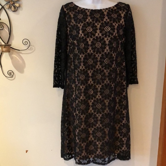 Eliza J Sheath Black Dress Embroidered Lace 3/4 Sleeves Size 8 Classy High Neck - Picture 2 of 16
